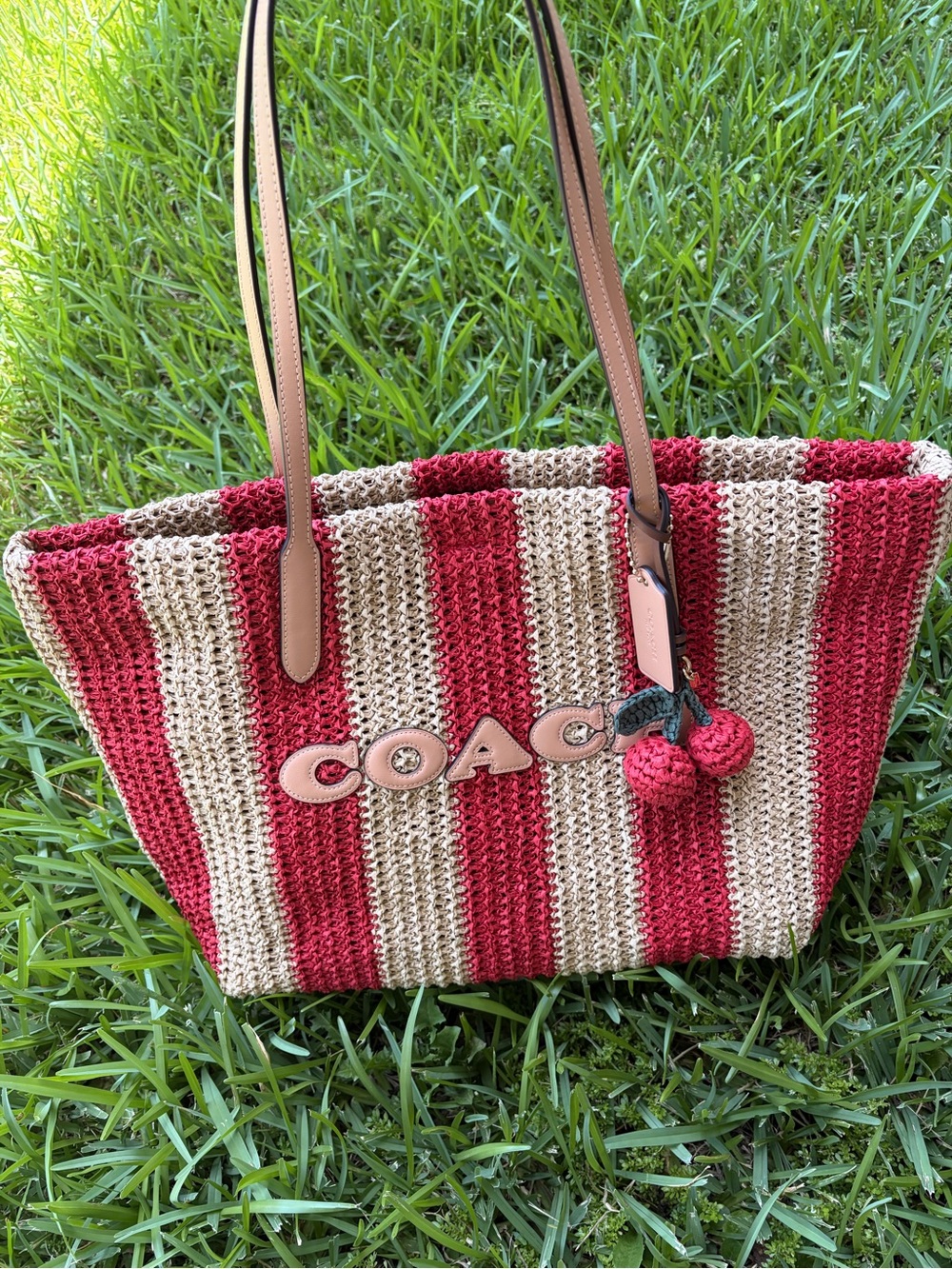 Coach Red and Cream Striped Crochet Tote with Pom-Pom Charm straw city tote new - Picture 3 of 16